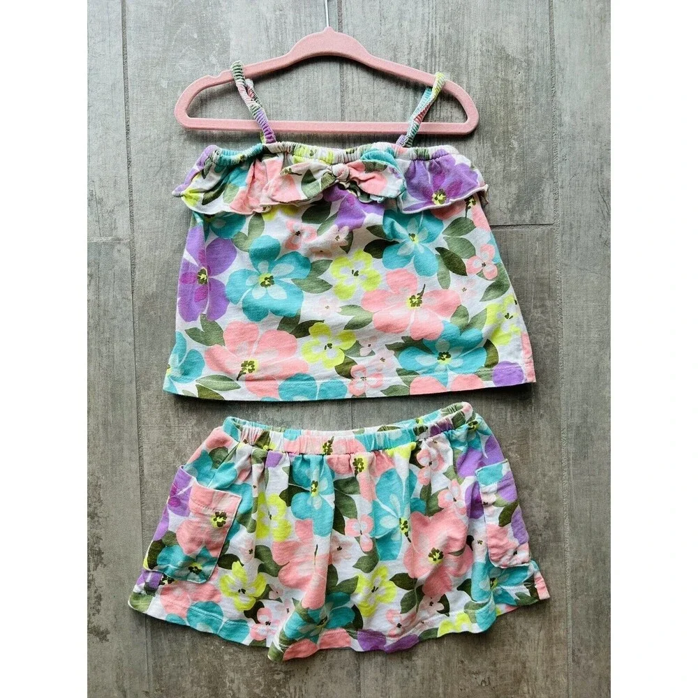 Toddler Baby Girl Bright Neon Hawaiian Floral Tank Top & Skort Outfit Set 24M